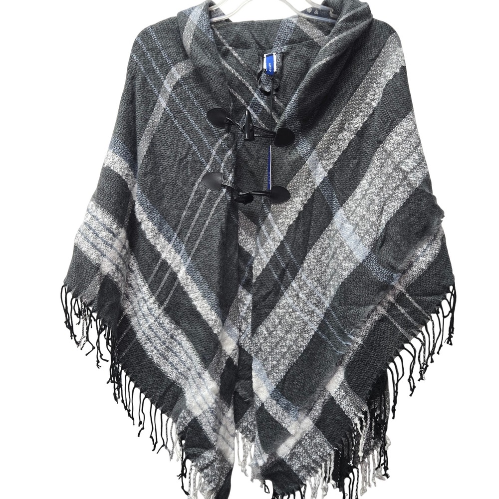 Apt 9 Womens Gray White Plaid Hooded Poncho Wrap Toggle Closure Fringed NWT